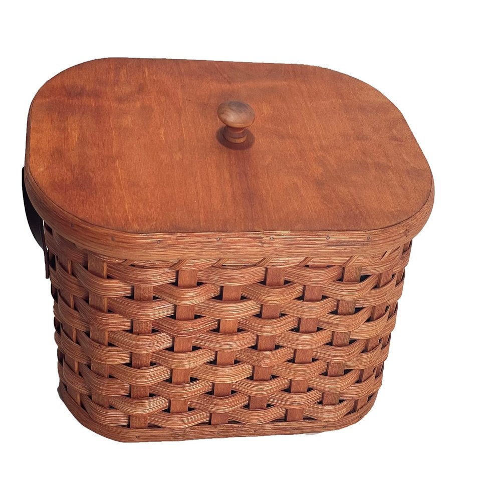 Amish Handmade Oval Knitting Sewing Basket with Stained Oak Bottom and Leather Handles, Natural, 13" W x 8" D x 6 1/4" H