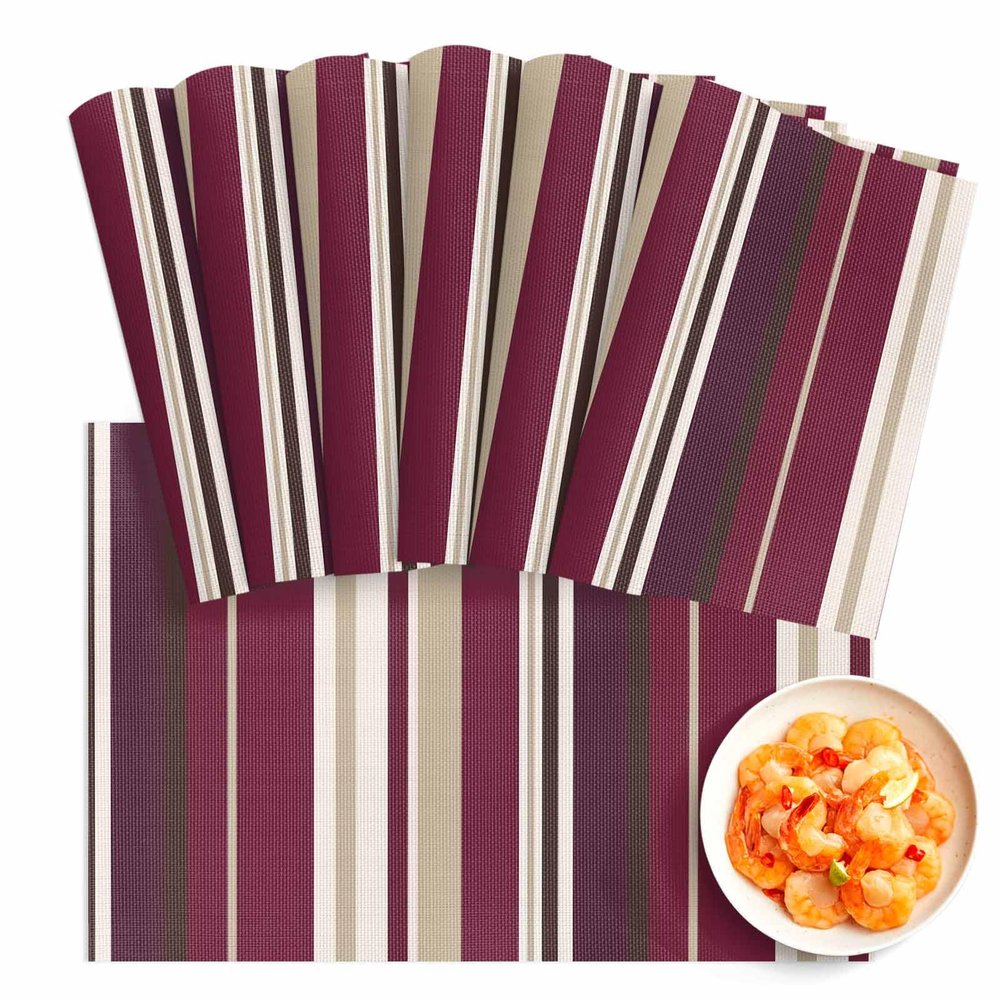 13X19 Inch Farmhouse Placemats Set of 6 PCS, Heat-Resistant Non-Slip PVC Dinning Table Mats Kitchen Table Mats, Simple Christmas Red Stripes Vinyl Placemats for Kids Party Dining Decor