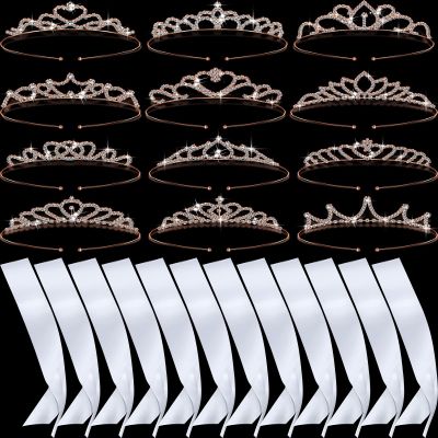 Juinte 12 Set Crown and Sashes Set Blank Satin Sashes for Pageants Rhinestone Prom Queen Tiara Crown White Blank DIY for Birthday Holiday Wedding Bridal Shower Prom Party Supplies(White, Rose Gold)