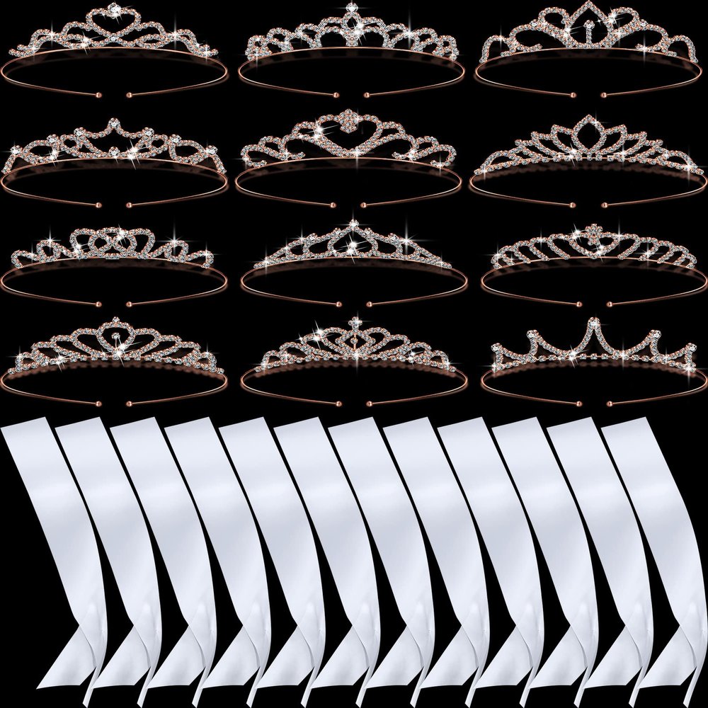 Juinte 12 Set Crown and Sashes Set Blank Satin Sashes for Pageants Rhinestone Prom Queen Tiara Crown White Blank DIY for Birthday Holiday Wedding Bridal Shower Prom Party Supplies(White, Rose Gold)