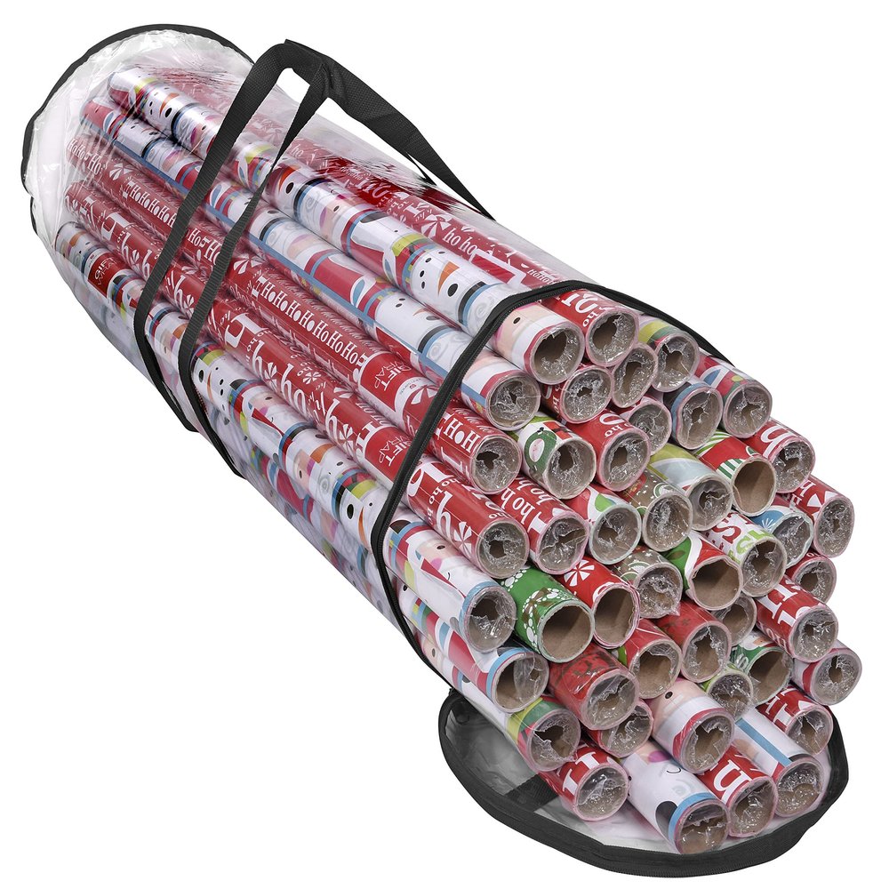 Primode Wrapping Paper Storage Bag, Gift Wrap Organizer, Fits 40 Inch Long Rolls, Hold Up to 24 Rolls, Heavy Duty Clear PVC Bag with Top and Side Handles (Black)