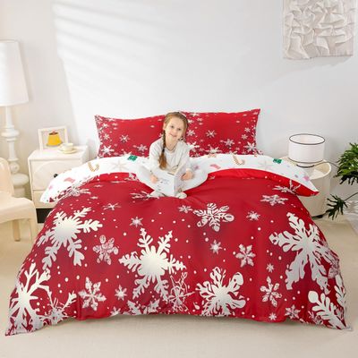 Erosebridal Merry Christmas Duvet Cover Queen Size, Christmas Snowflake Comforter Cover for Kids Boys Girls Women, Xmas Decor Bedding Set Red Soft Microfiber Quilt Cover with 2 Pillow Cases, Red