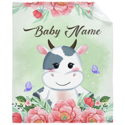 Anuruddha Personalized Blanket with Name, Cow Flower Custom Blankets Flannel Fluffy Cozy Throws for Bedroom/Couch Gift for for Loved Ones XL 90"120" for Family