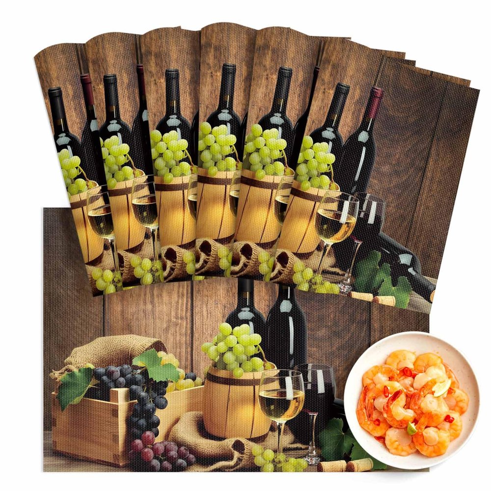 13X19 Inch Farmhouse Placemats Set of 6 PCS, Heat-Resistant Non-Slip PVC Dinning Table Mats Kitchen Table Mats, Retro Style Wine Barrel Grape Fruit Red Wine Glass Vinyl Placemats for Kids Party Decor
