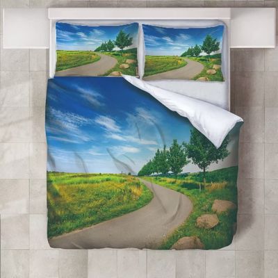 Roadchoice Path Between Farmers Duvet Cover Queen Set,Farmland and Green Trees Comforter Cover 3PCS for Boys Girls,farmland Decor 1 Duvet Cover with 2 Pillowcase