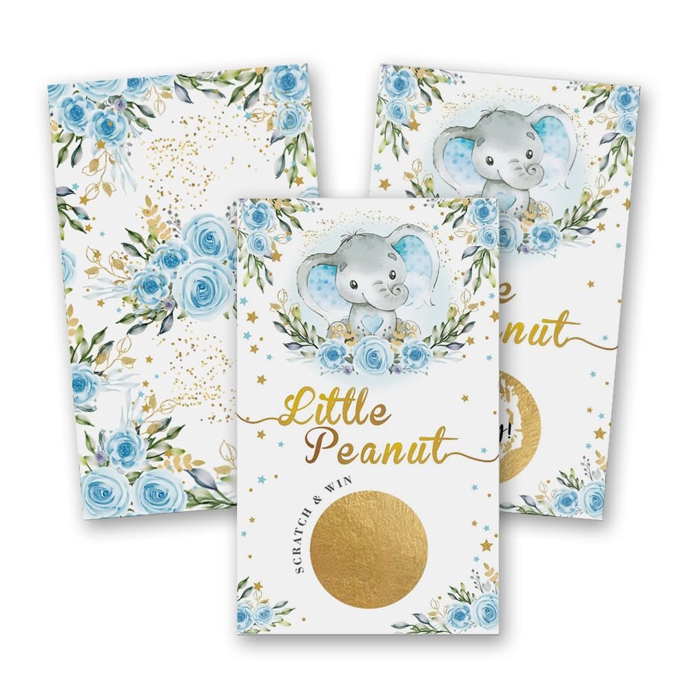 50 Baby Shower Scratch Off Game, Blue Elephant Rose Lucky Draw CardParty Activities, Decorations, and Supplies- It's a Boy