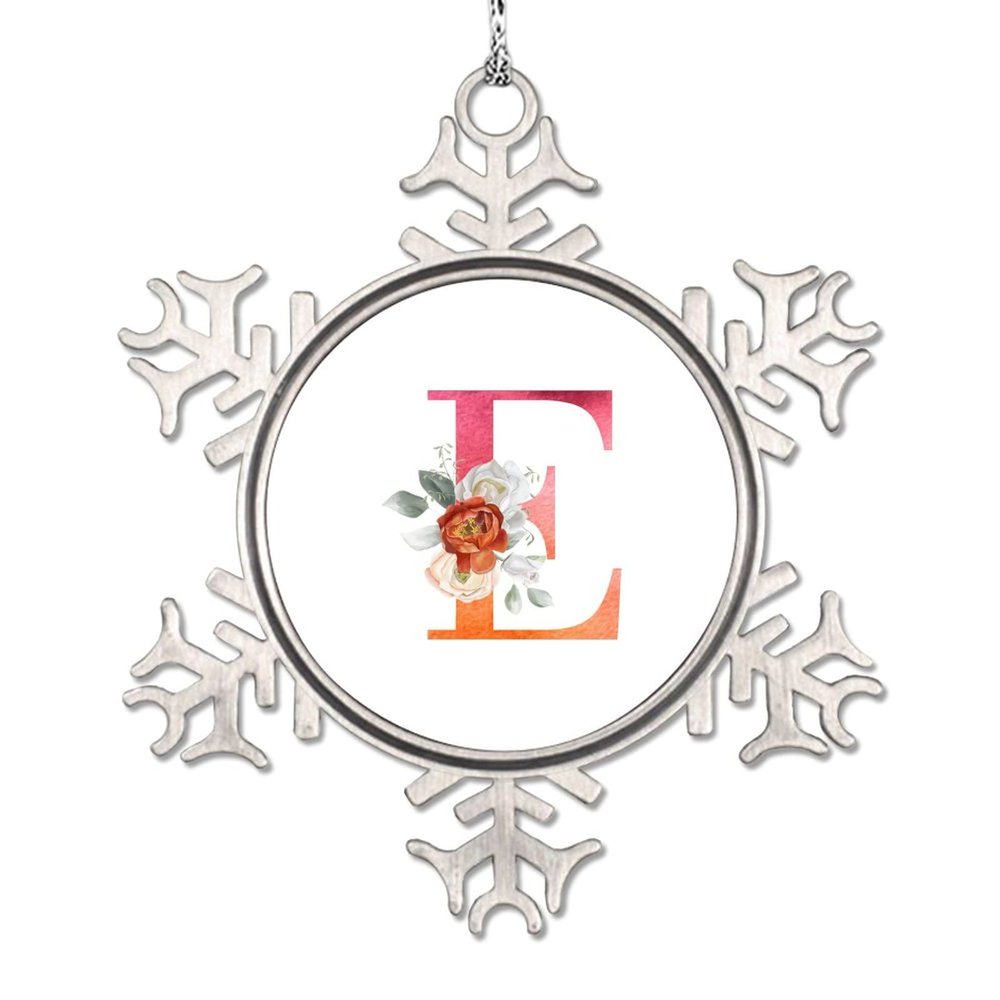 Monogram Initial Letter E Snowflake Ornaments Pink Letter Rose Floral Christmas Decorations for Tree Custom Christmas Ornaments 2022 Metal Keepsake Gifts for Family Friend Women Wedding Anniversary