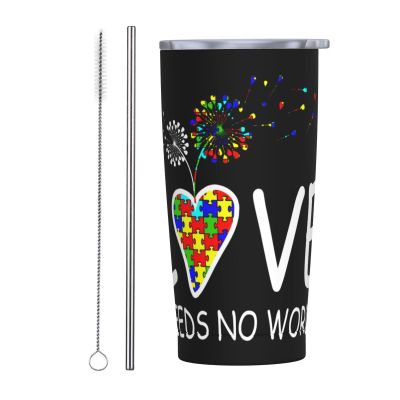 Autism Awareness Love Needs No Words 20oz Tumbler With Lid, Stainless Steel Vacuum Insulated Double Wall Travel Tumbler, Durable Insulated Coffee Mug, Thermal Cup With Splash Proof Sliding Lid