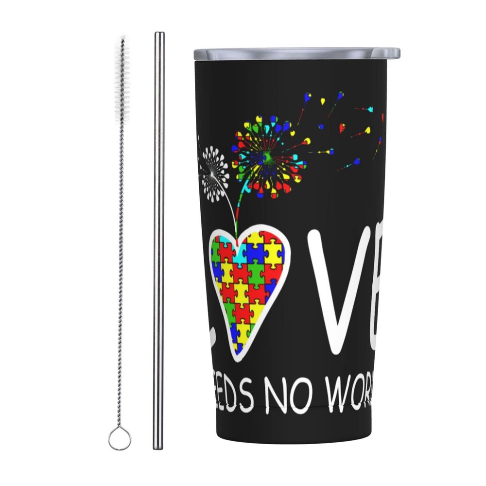 Autism Awareness Love Needs No Words 20oz Tumbler With Lid, Stainless Steel Vacuum Insulated Double Wall Travel Tumbler, Durable Insulated Coffee Mug, Thermal Cup With Splash Proof Sliding Lid