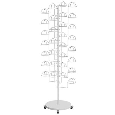 Hat Racks for Caps Wigs Helmet, Rotating Metal Hat Display Stand, Free Standing Headwear Wig Rack Metal Floor Rack with Wheels (Color : White, Size : 30 Cap Rests)