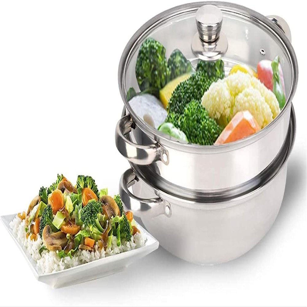 2-Tier Stainless Steel Steamer, 11-Inch Multi-Layer Boiler Pot with Handles on Both Sides, Cookware Pot with Tempered Glass Lid, Work with Gas, Electric, Grill Stove Top, Dishwasher Safe