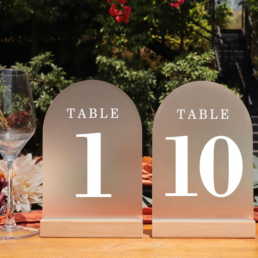 ORGANTEAM Wedding Table Numbers 1-10, Acrylic Arch Signs with Natural Wood Stands Holders, Rustic Table Decor for Reception & Parties (Frosted White)