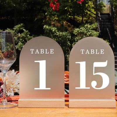 ORGANTEAM Wedding Table Numbers 1-15, Acrylic Arch Signs with Natural Wood Stands Holders, Rustic Table Decor for Reception & Parties (Frosted White)