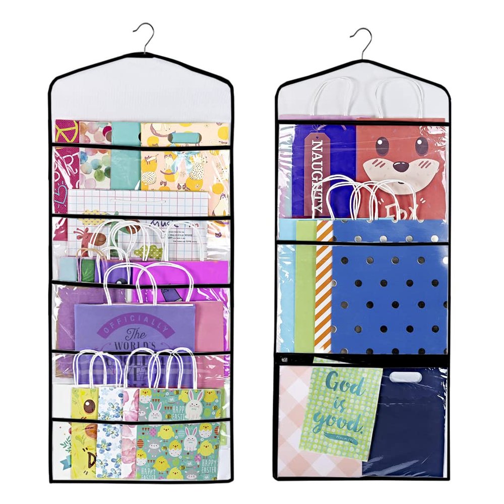 Primode Gift Bag and Tissue Paper Storage, Hanging Organizer with Multiple Front and Back Pockets Double Sided, Organize Gift Wrap and Paper Bags 38 x 16 Inch (Black seam)
