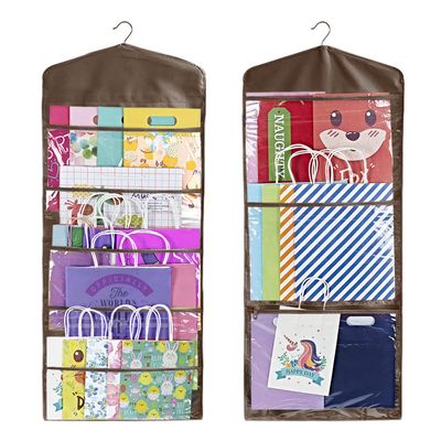 Primode Gift Bag and Tissue Paper Storage, Hanging Organizer with Multiple Front and Back Pockets Double Sided, Organize Gift Wrap and Paper Bags 38 x 16 Inch (Brown)