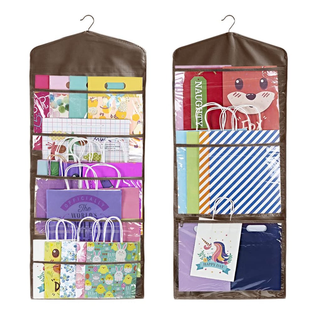 Primode Gift Bag and Tissue Paper Storage, Hanging Organizer with Multiple Front and Back Pockets Double Sided, Organize Gift Wrap and Paper Bags 38 x 16 Inch (Brown)