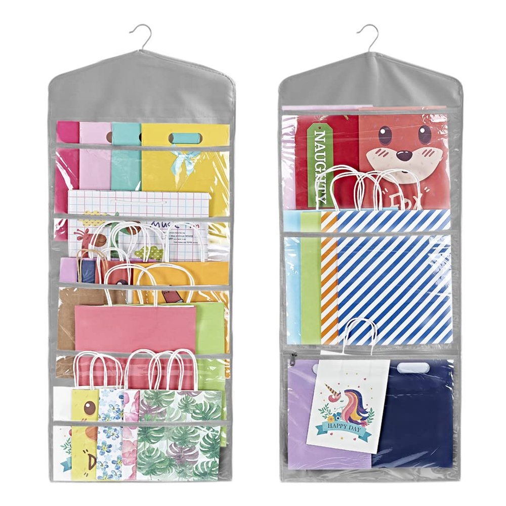 ProPik Hanging Double Sided Gift Bag Storage Organizer with Multiple Front and Back Pockets - Organize Your Gift Wrap, Tissue Paper, and Paper Bags 38 x 16 Inch PVC (Gray)