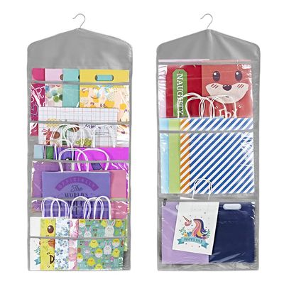 Primode Gift Bag and Tissue Paper Storage, Hanging Organizer with Multiple Front and Back Pockets Double Sided, Organize Gift Wrap and Paper Bags 38 x 16 Inch (Grey)
