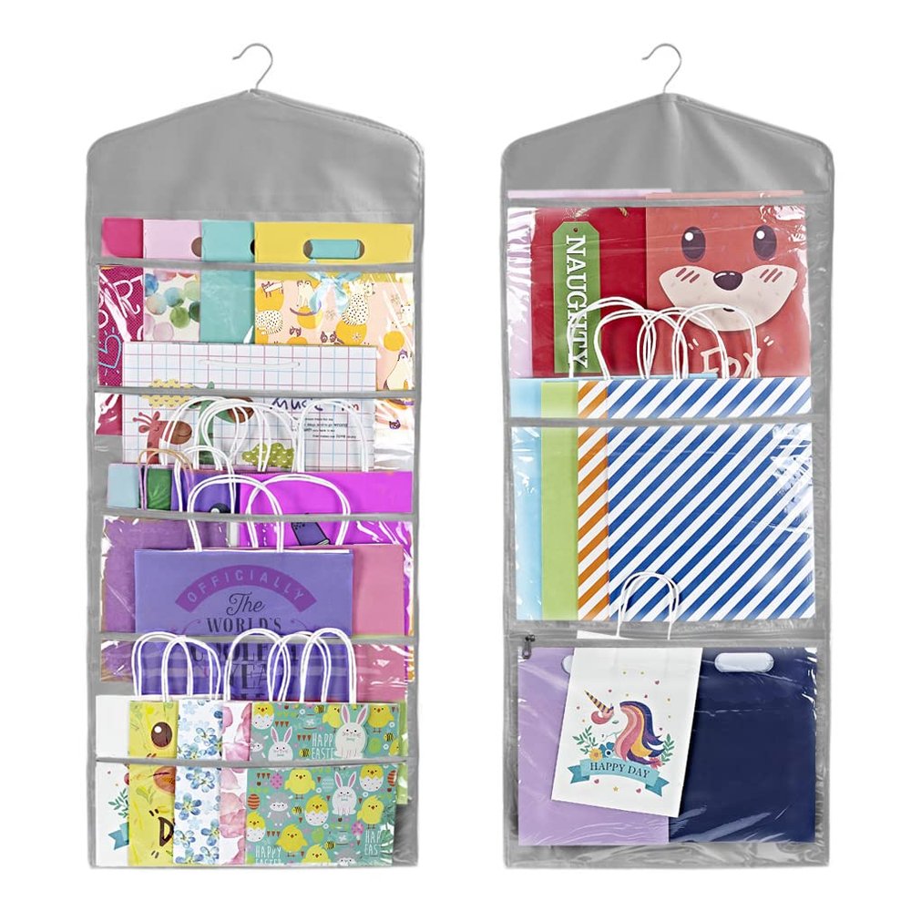 Primode Gift Bag and Tissue Paper Storage, Hanging Organizer with Multiple Front and Back Pockets Double Sided, Organize Gift Wrap and Paper Bags 38 x 16 Inch (Grey)