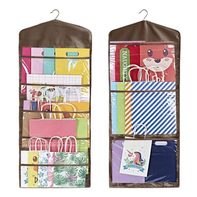 ProPik Hanging Double Sided Gift Bag Storage Organizer with Multiple Front and Back Pockets - Organize Your Gift Wrap, Tissue Paper, and Paper Bags 38 x 16 Inch PVC (Brown)