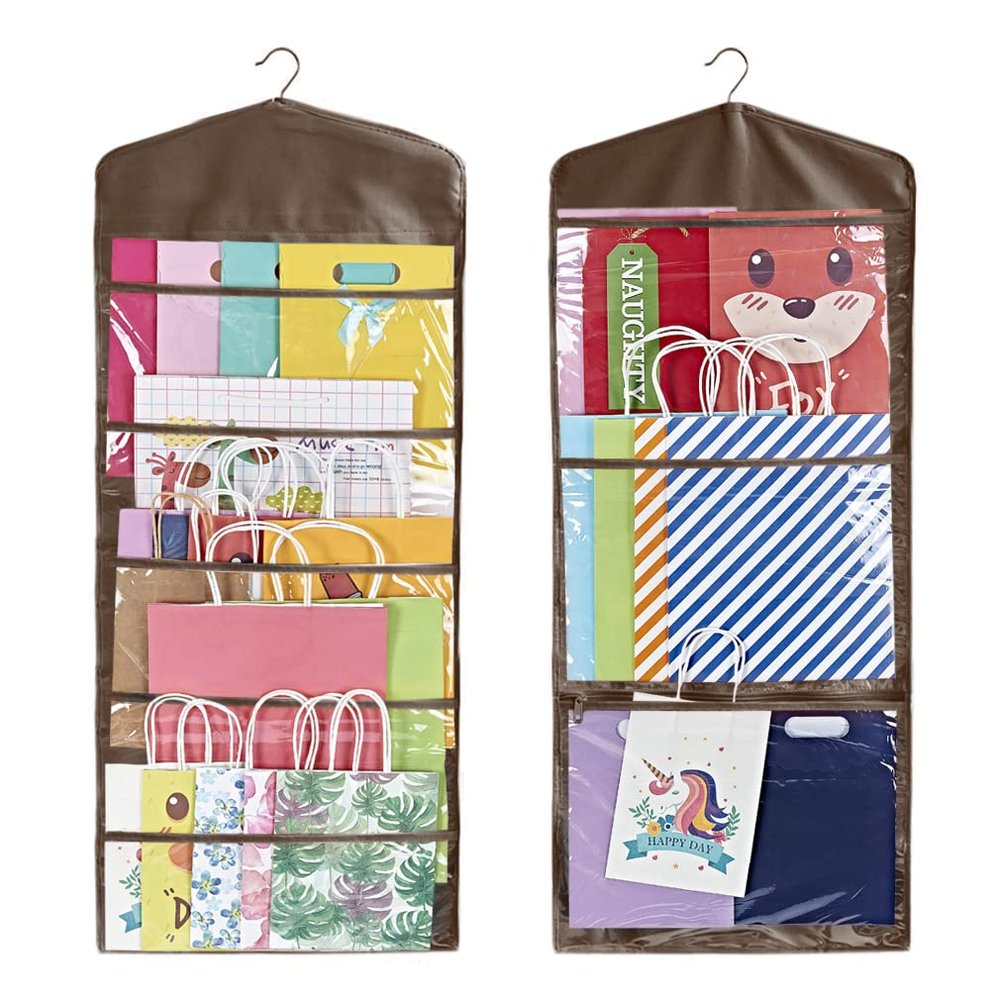 ProPik Hanging Double Sided Gift Bag Storage Organizer with Multiple Front and Back Pockets - Organize Your Gift Wrap, Tissue Paper, and Paper Bags 38 x 16 Inch PVC (Brown)