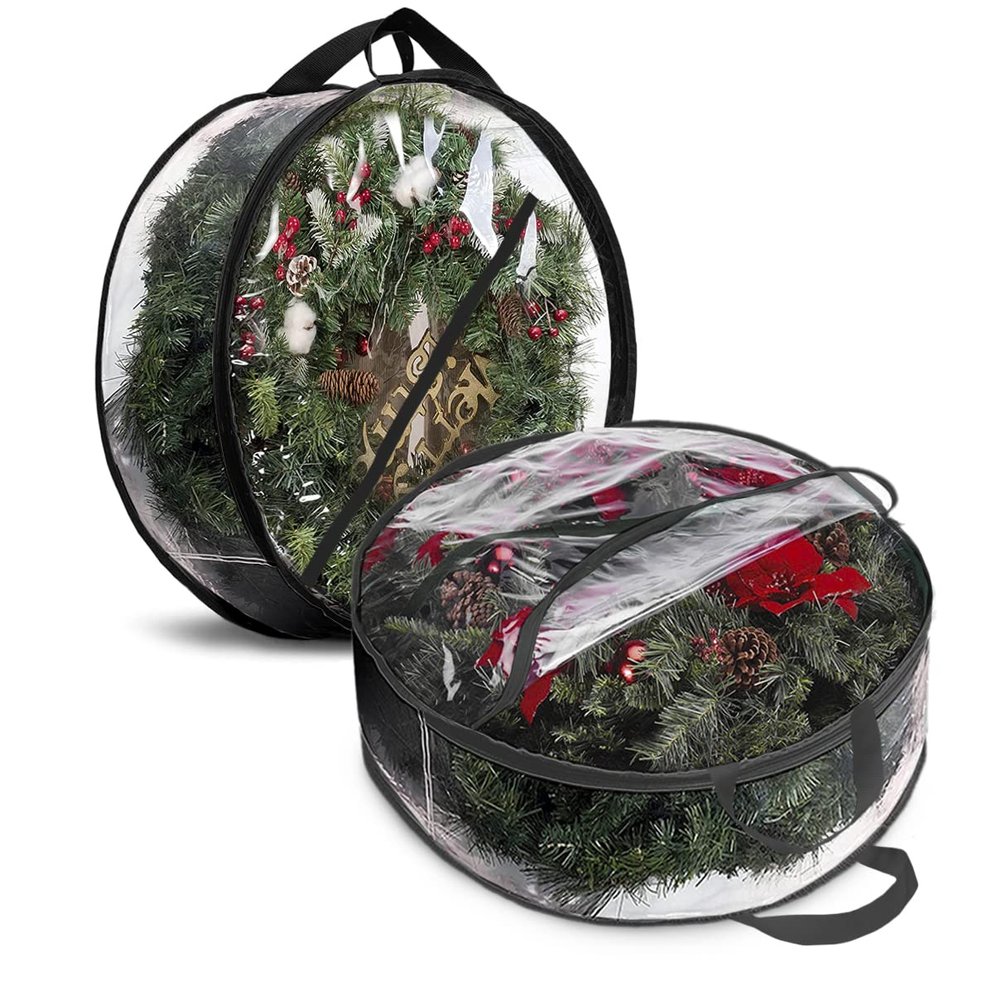 ProPik Christmas Wreath Storage Bag 36" - 2 Pack Clear Christmas Wreath Storage Container- Garland Holiday Artificial Wreath Storage Holder - Water Proof Transparent PVC (36 Inch, Black)