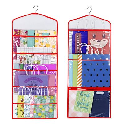 Primode Gift Bag and Tissue Paper Storage, Hanging Organizer with Multiple Front and Back Pockets Double Sided, Organize Gift Wrap and Paper Bags 38 x 16 Inch (Red)