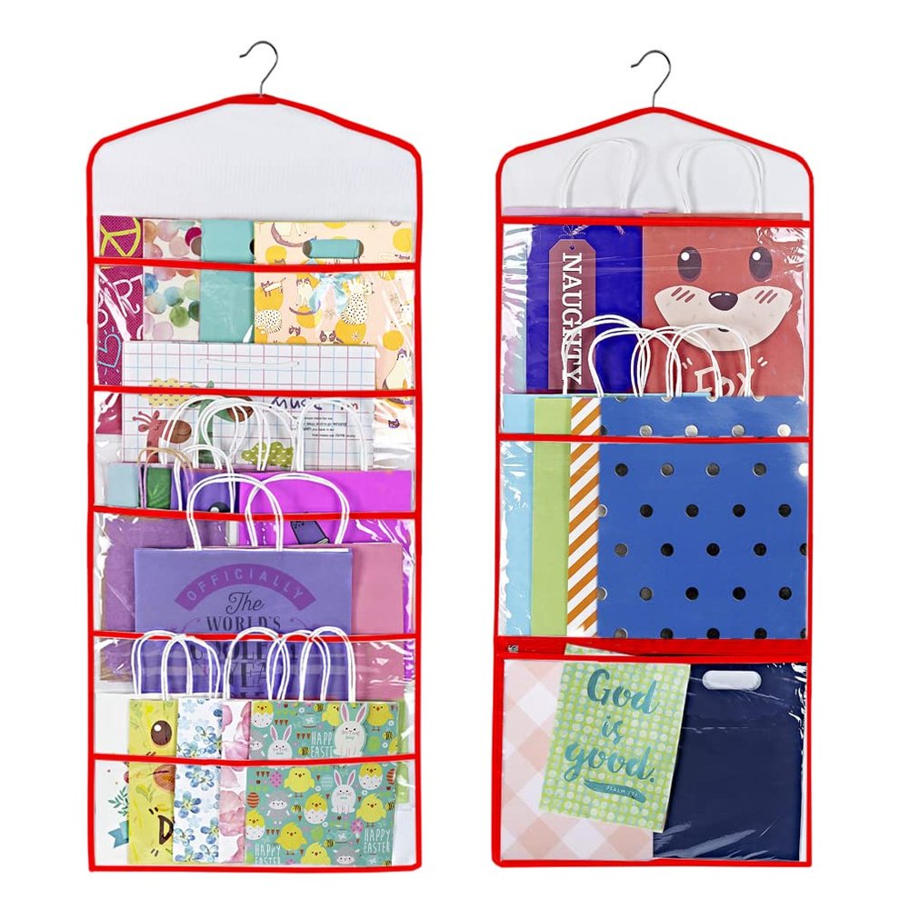 Primode Gift Bag and Tissue Paper Storage, Hanging Organizer with Multiple Front and Back Pockets Double Sided, Organize Gift Wrap and Paper Bags 38 x 16 Inch (Red)