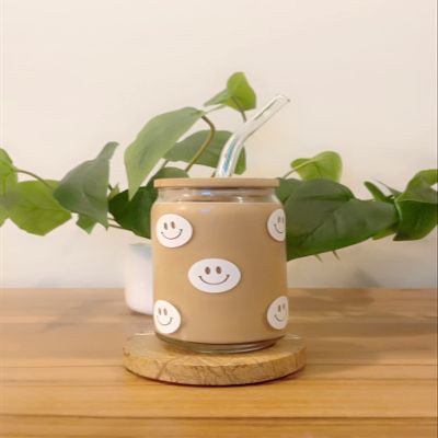 Iced Coffee Glass Cup with Bamboo Lid and Straw | 16oz Beer Can Glass | beer glass Cup | Can Shaped Glass Soda Can Cup | white smiley face Glass Cup, Beer Glass Can, Glass Coffee Cup