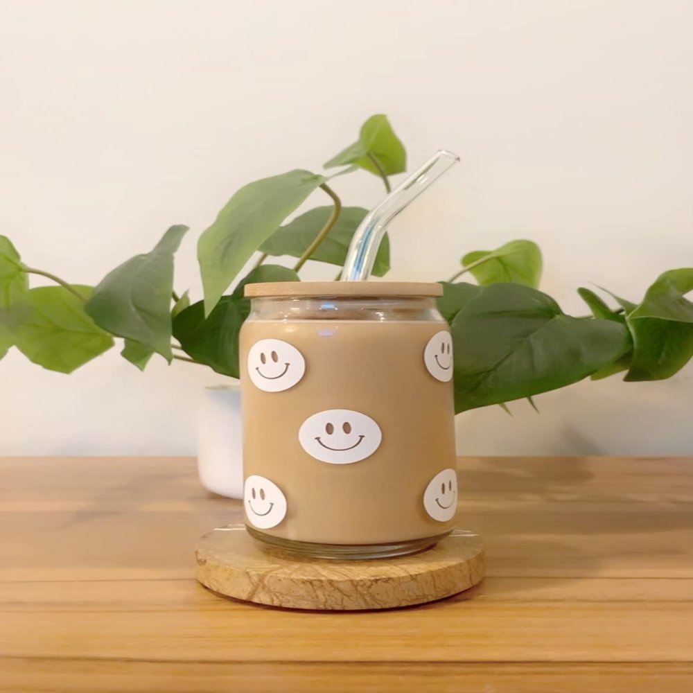 Iced Coffee Glass Cup with Bamboo Lid and Straw | 16oz Beer Can Glass | beer glass Cup | Can Shaped Glass Soda Can Cup | white smiley face Glass Cup, Beer Glass Can, Glass Coffee Cup