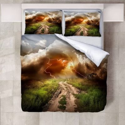 A Thunderstorm Weather Duvet Cover Queen Set,Dirt Road Comforter Cover 3PCS for Boys Girls,Scenery Decor 1 Duvet Cover with 2 Pillowcase