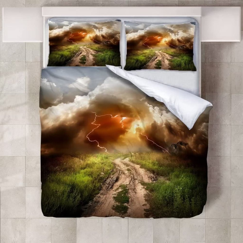 A Thunderstorm Weather Duvet Cover Queen Set,Dirt Road Comforter Cover 3PCS for Boys Girls,Scenery Decor 1 Duvet Cover with 2 Pillowcase