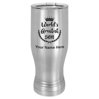 LaserGram 14oz Vacuum Insulated Pilsner Mug, World's Greatest Son, Personalized Engraving Included (Stainless Steel)