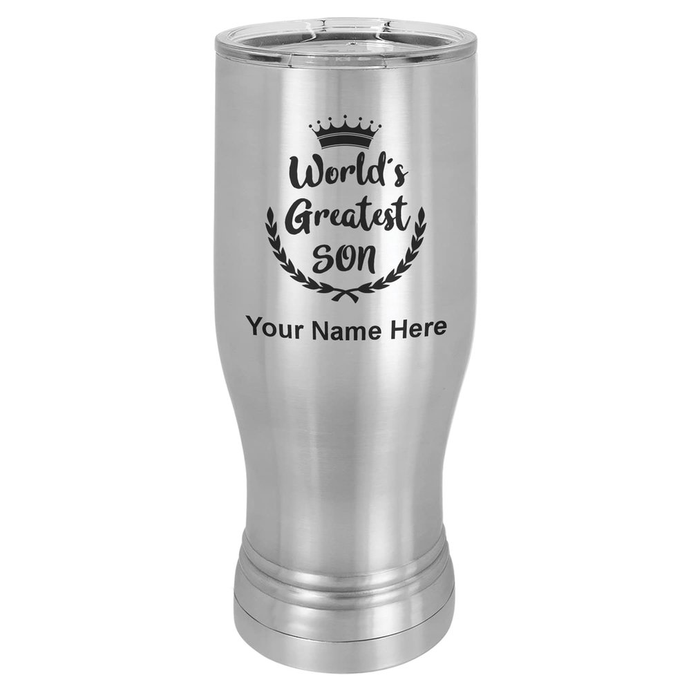 LaserGram 14oz Vacuum Insulated Pilsner Mug, World's Greatest Son, Personalized Engraving Included (Stainless Steel)