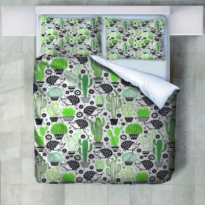 Roadchoice Cactus Potted Plant Duvet Cover Queen Set,Cartoon Hedgehog Comforter Cover 3PCS for Boys Girls,Cactus Decor 1 Duvet Cover with 2 Pillowcase