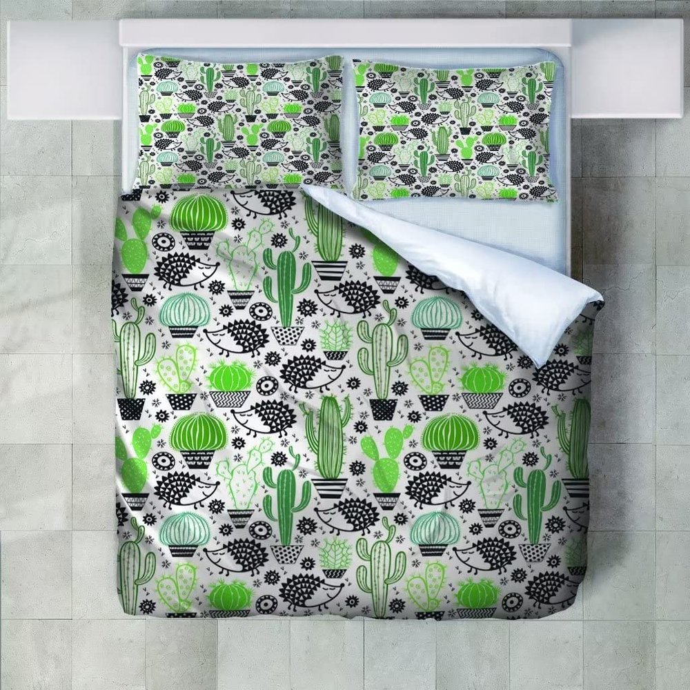 Roadchoice Cactus Potted Plant Duvet Cover Queen Set,Cartoon Hedgehog Comforter Cover 3PCS for Boys Girls,Cactus Decor 1 Duvet Cover with 2 Pillowcase