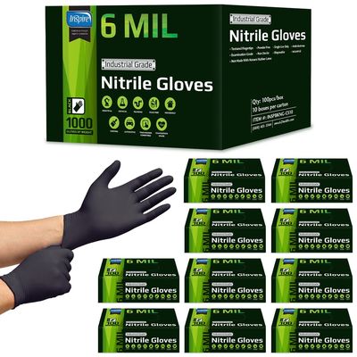 Inspire HEAVY DUTY 6Mil ORIGINAL Quality Stretch Nitrile Gloves Black Disposable Latex Free | Food, Industrial, Mechanic Tattoo (6Mil Black, Medium)