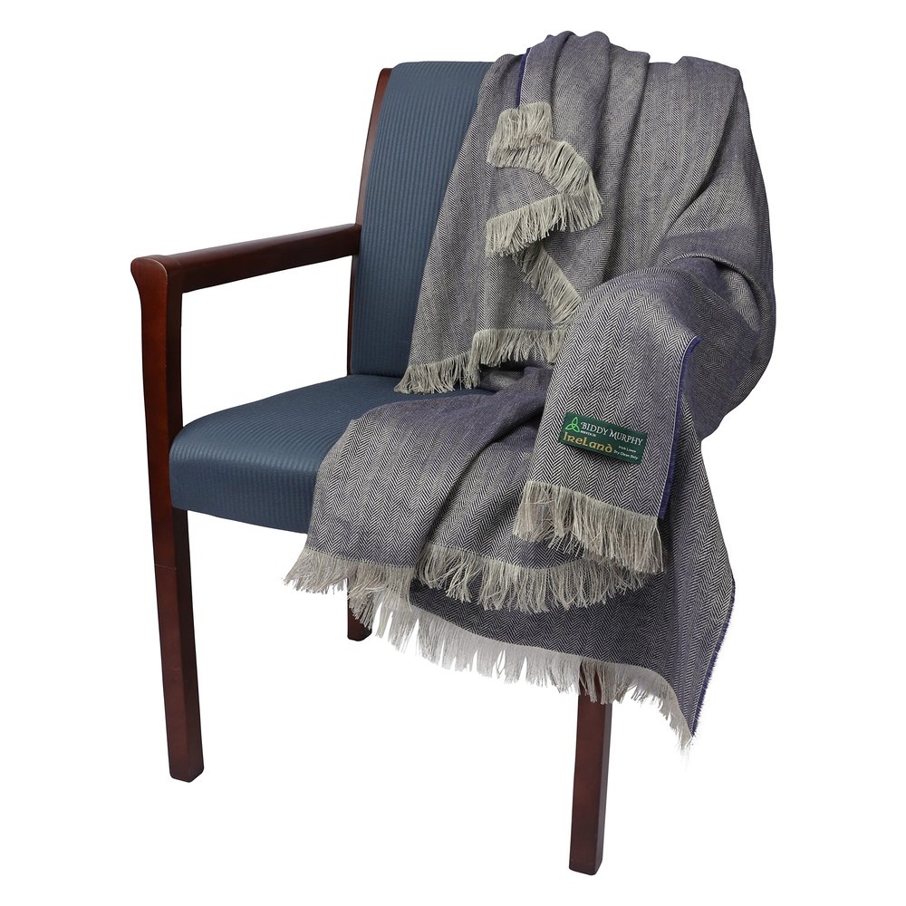Biddy Murphy, Fine Irish Linen Throw Toss Blanket, 79" x 57" Inches, 3" Fringe, Traditional Herringbone Weave, Soft Premium Flax Fiber, Imported from Ireland, Denim Grey