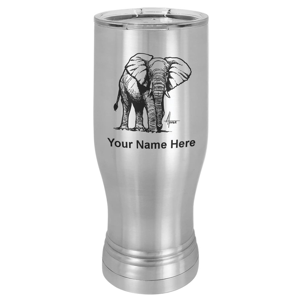 LaserGram 14oz Vacuum Insulated Pilsner Mug, African Elephant, Personalized Engraving Included (Stainless Steel)