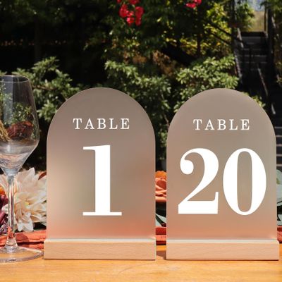 ORGANTEAM Wedding Table Numbers 1-20, Acrylic Arch Signs with Natural Wood Stands Holders, Rustic Table Decor for Reception & Parties (Frosted White)