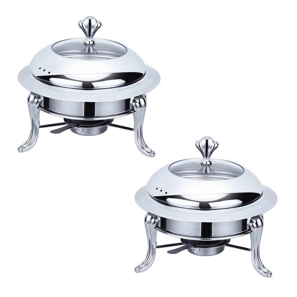 YIEOTM Stainless Steel Chafing Dish Buffet Set, 2 Packed Full Size Round Catering Warmer Set with Glass Lid & Holder for Weddings Parties Banquets Catering Events/Silver / 24cm