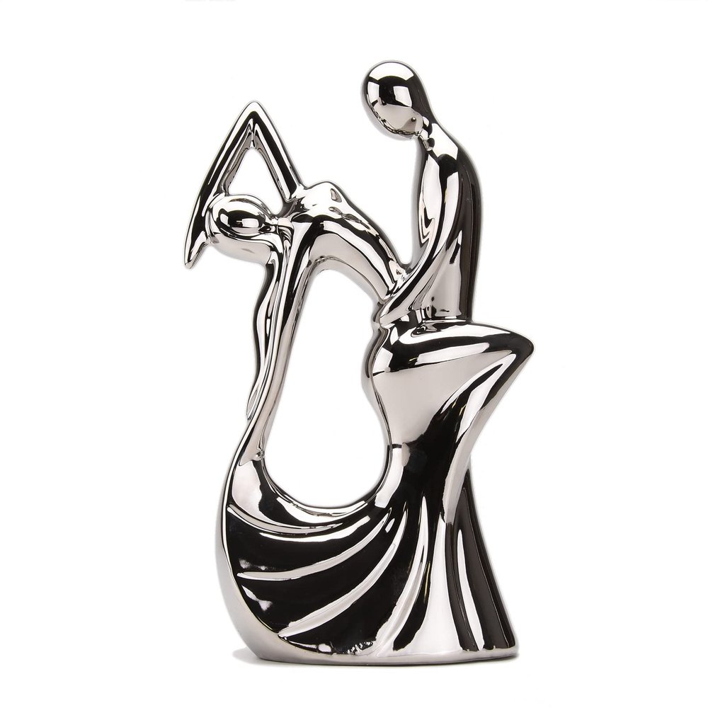 BRABUD Ceramic Romantic Couple Dancing Sculpture Abstract Statue Eelectroplating Sliver Smooth Finish Home Desk Decoration Wedding Gift Collectible Figurine 11in(H) TQGJBS347