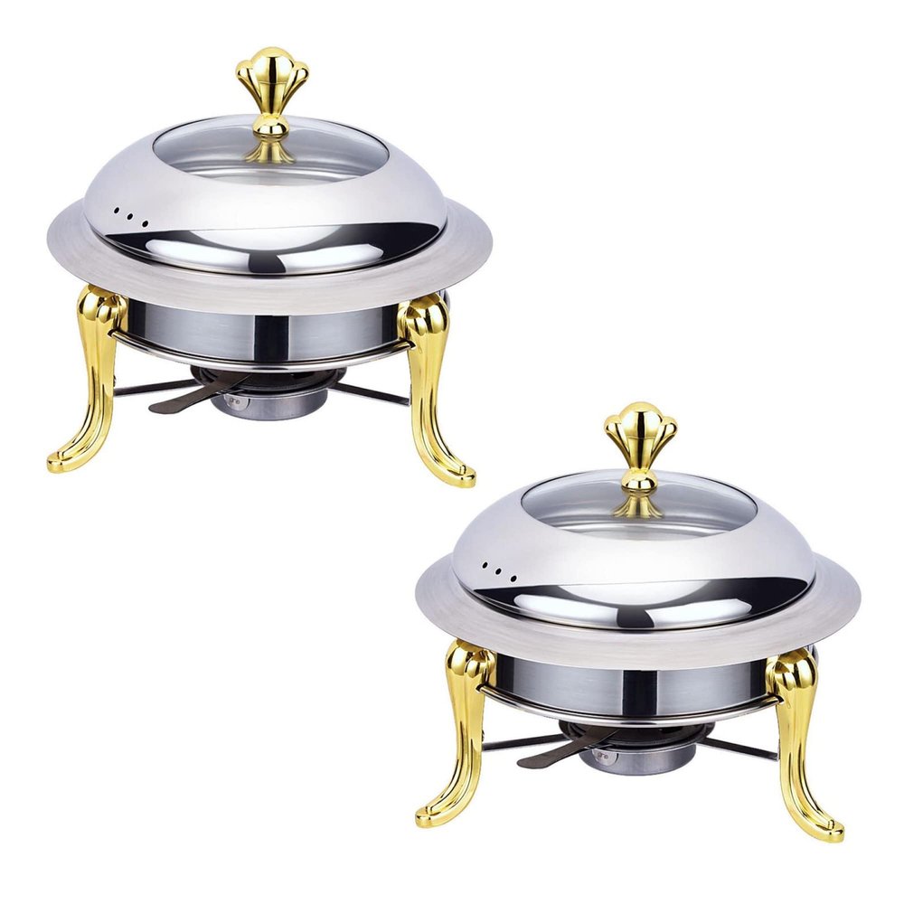 YIEOTM Stainless Steel Chafing Dish Buffet Set, 2 Packed Full Size Round Catering Warmer Set with Glass Lid & Holder for Weddings Parties Banquets Catering Events/Gold / 24cm