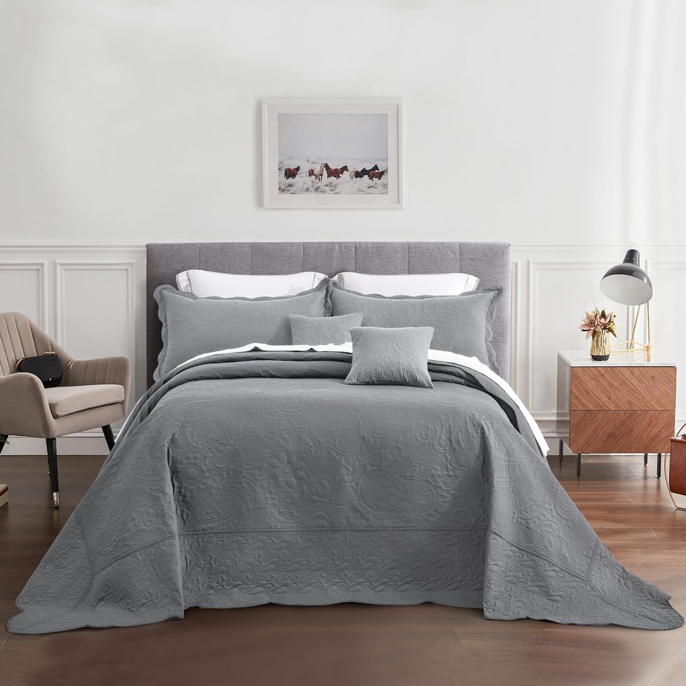 Blythease Oversized King Bedspread, Ultrasonic Lightweight Bedding Cover, Paisley Pattern, Reversible, 5 Piece, 100% Microfiber, Grey