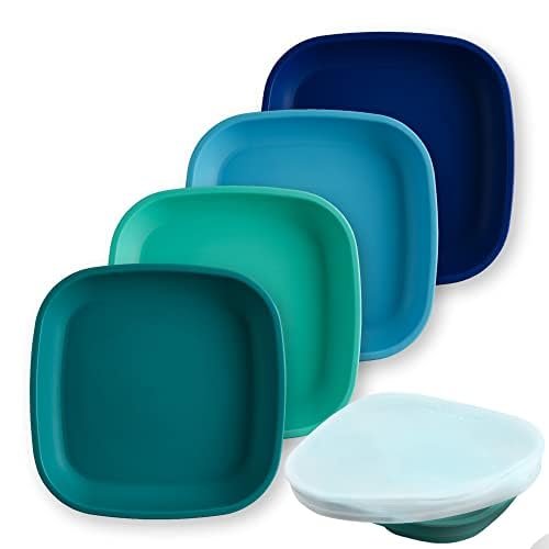 Re-Play Toddler Plates - 22 Oz. Deep-Walled Flat Kids Plates - Dishwasher & Microwave Safe - Made in USA - Set of 4-7.37" x 7.37" x 1.25" - A True Blue