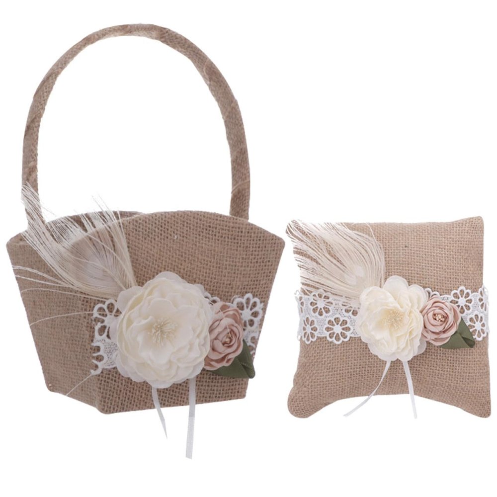 DECHOUS Flower Girl Basket and Ring Pillow Set Rustic Burlap Lace Decor Petals Storage Basket Rose Ring Bearer Pillow for Anniversary Wedding Party Supplies