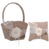 DECHOUS Flower Girl Basket and Ring Pillow Set Rustic Burlap Lace Decor Petals Storage Basket Rose Ring Bearer Pillow for Anniversary Wedding Party Supplies view 1