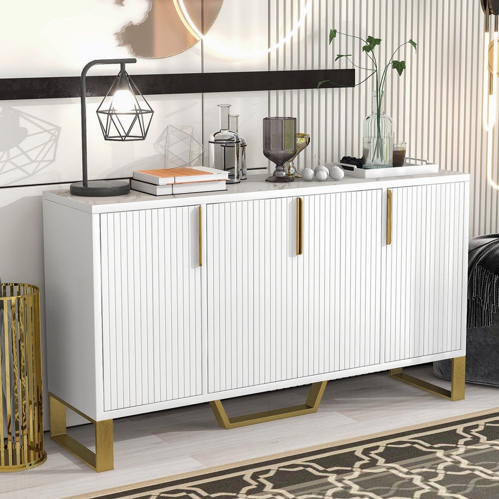 Polibi Moderm Sideboard with 4 Doors, Adjustable Shelves, Metal Handle and Legs, Solid Wood Cabinet Side Table for Entryway Living Room Bedroom, White