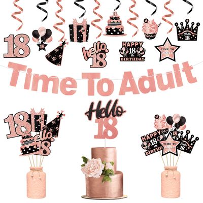 WATINC 42pcs 18th Glitter Rose Gold Birthday Banner Party Decoration, Time to Adult Hanging Garland Swirls Signs for 18 Years Old Girls Bday Party Favor, Rose Gold Cake Topper Centerpieces Table Decor