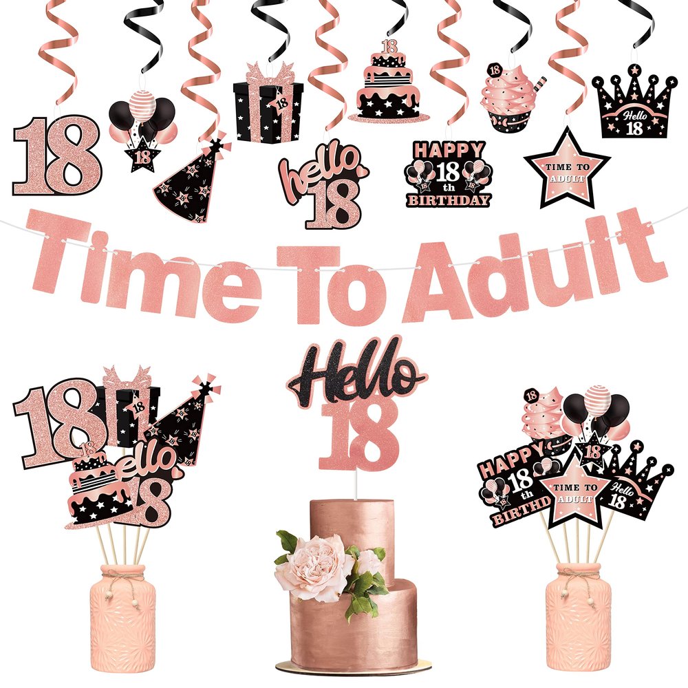 WATINC 42pcs 18th Glitter Rose Gold Birthday Banner Party Decoration, Time to Adult Hanging Garland Swirls Signs for 18 Years Old Girls Bday Party Favor, Rose Gold Cake Topper Centerpieces Table Decor